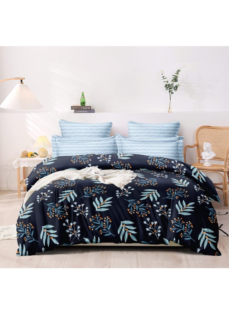 MORADO Premium Glace Cotton Floral Design Duvet Cover Double Navy Blue Color with Zipper
