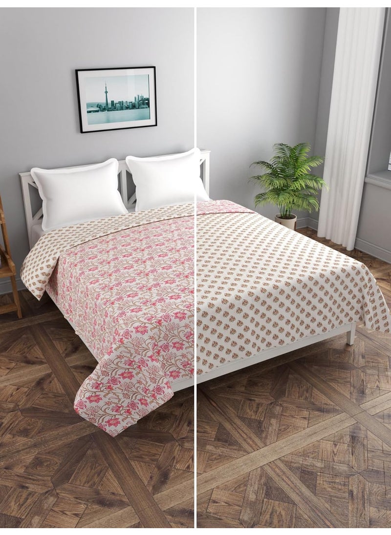 BREVARD Glace Cotton 210 TC Double Bed Size Reversible Duvet CoverQuilt CoverRajai CoverBlanket Cover with Zipper 90x100 Inches Offwhite Pink