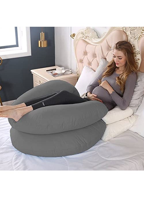 Linenovation Full Body Pregnancy Pillow Maternity Pillow for Pregnant Women C Shaped Body Pillow with Cotton Pillow CoverGrey