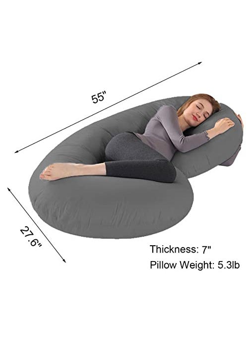 Linenovation Full Body Pregnancy Pillow Maternity Pillow for Pregnant Women C Shaped Body Pillow with Cotton Pillow CoverGrey