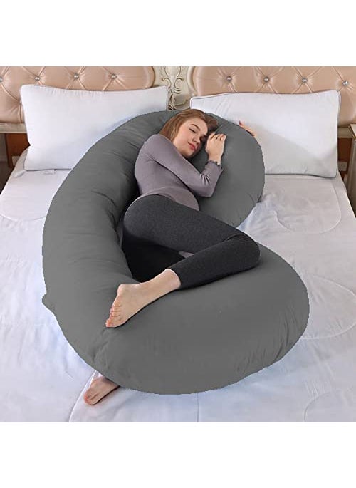 Linenovation Full Body Pregnancy Pillow Maternity Pillow for Pregnant Women C Shaped Body Pillow with Cotton Pillow CoverGrey