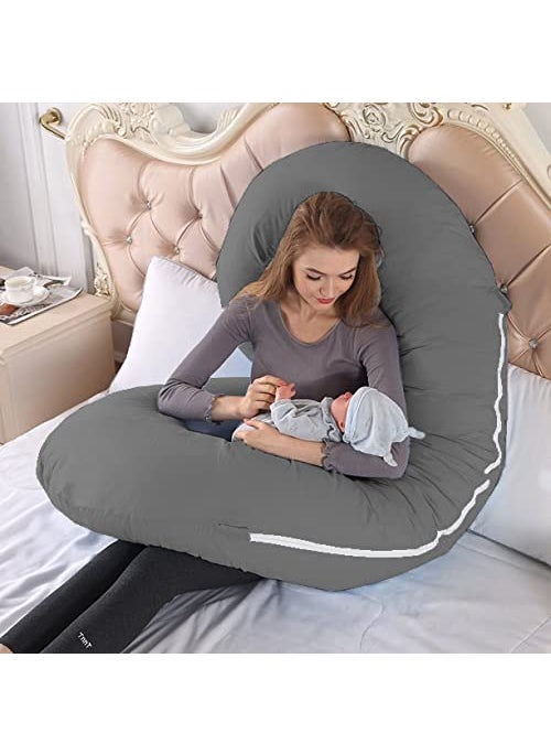 Linenovation Full Body Pregnancy Pillow Maternity Pillow for Pregnant Women C Shaped Body Pillow with Cotton Pillow CoverGrey