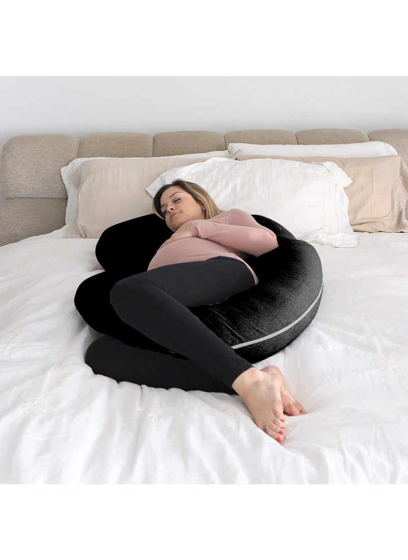MUKESH HANDICRAFTS Velvet Ultra Soft Hollow Fibre C Shaped Maternity PillowPregnancy PillowBody Pillow with Zippered Cover Black Size 130x101x25 cm