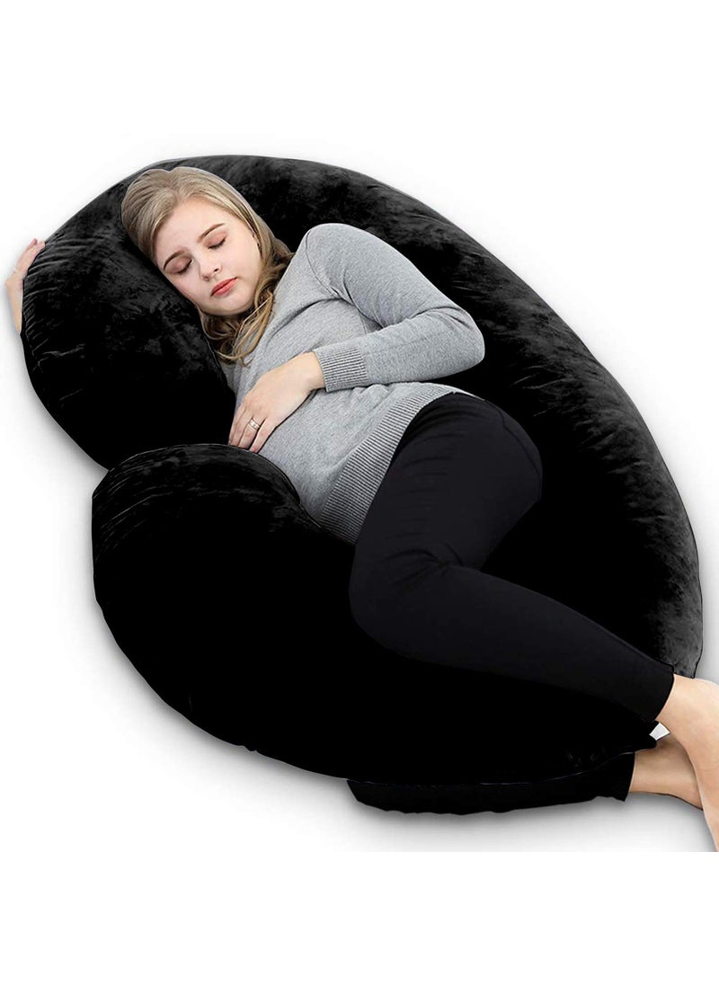 MUKESH HANDICRAFTS Velvet Ultra Soft Hollow Fibre C Shaped Maternity PillowPregnancy PillowBody Pillow with Zippered Cover Black Size 130x101x25 cm