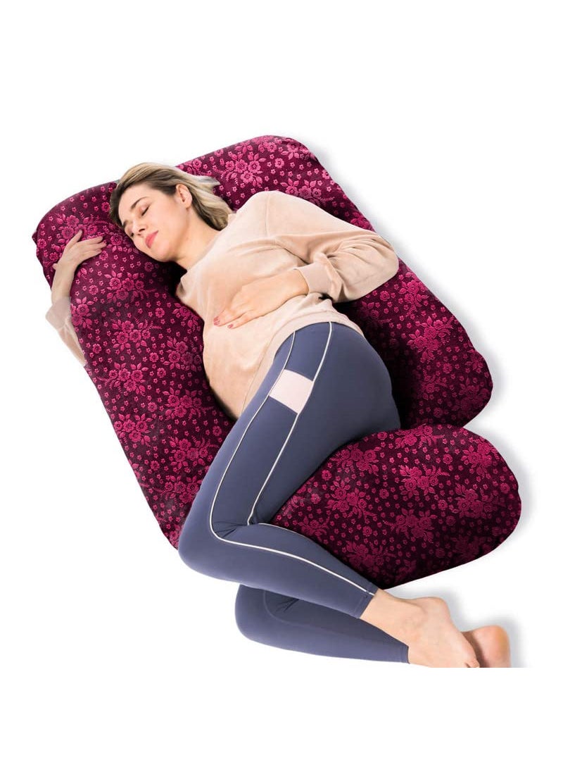 Moms Moon Premium J Shaped Full Body Maternity Pillow with Flower Print Wine Velvet Removable Cover Support for Back Legs Belly HIPS for Pregnant Women 57 Inch Pregnancy Pillows for Sleeping
