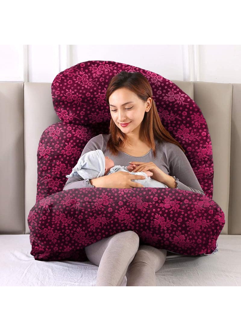 Moms Moon Premium J Shaped Full Body Maternity Pillow with Flower Print Wine Velvet Removable Cover Support for Back Legs Belly HIPS for Pregnant Women 57 Inch Pregnancy Pillows for Sleeping