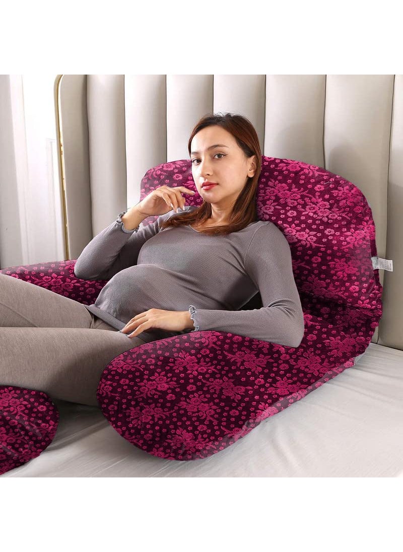 Moms Moon Premium J Shaped Full Body Maternity Pillow with Flower Print Wine Velvet Removable Cover Support for Back Legs Belly HIPS for Pregnant Women 57 Inch Pregnancy Pillows for Sleeping