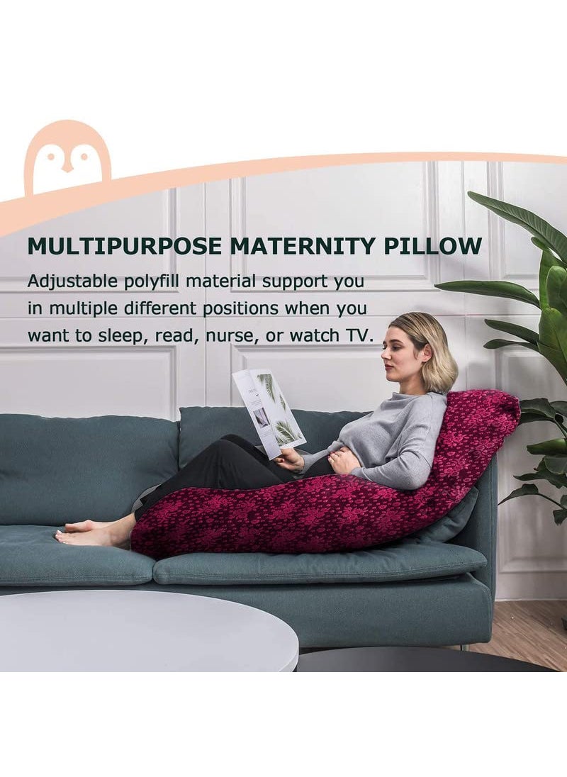 Moms Moon Premium J Shaped Full Body Maternity Pillow with Flower Print Wine Velvet Removable Cover Support for Back Legs Belly HIPS for Pregnant Women 57 Inch Pregnancy Pillows for Sleeping