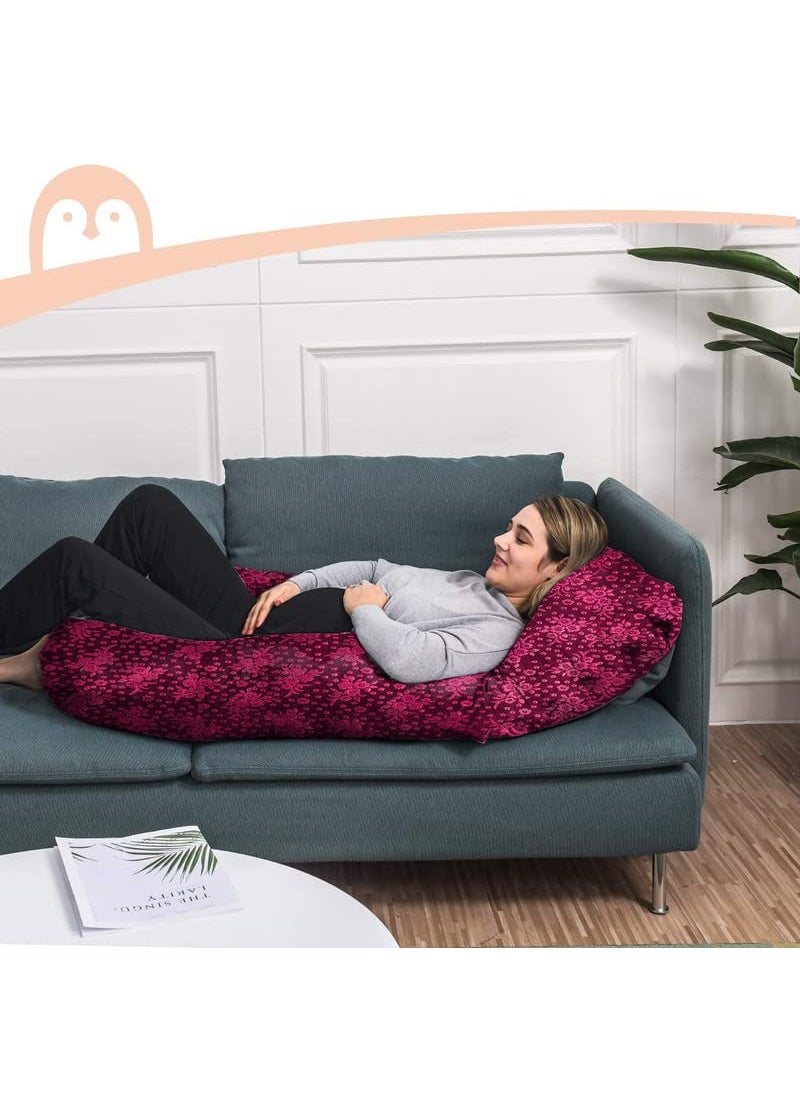 Moms Moon Premium J Shaped Full Body Maternity Pillow with Flower Print Wine Velvet Removable Cover Support for Back Legs Belly HIPS for Pregnant Women 57 Inch Pregnancy Pillows for Sleeping