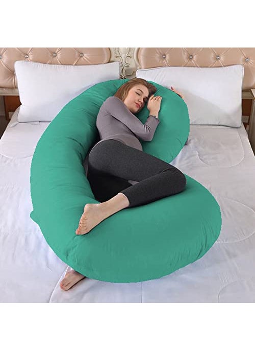Jaipur Linen Full Body C Shaped PillowBody PillowLumbar Pillow with Zippered Cover for Pregnant WomenAqua