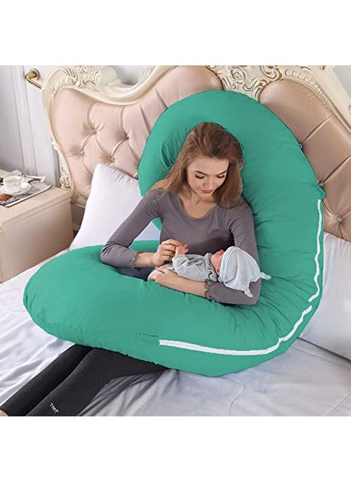 Jaipur Linen Full Body C Shaped PillowBody PillowLumbar Pillow with Zippered Cover for Pregnant WomenAqua