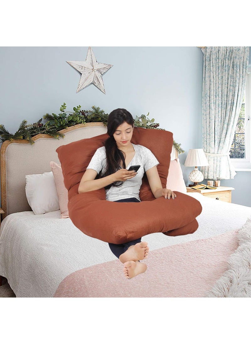 Jaipur Linen U Shaped Pregnancy PillowBody PillowLumbar PillowMaternity Pillow Extra Curve with Cotton Zippered CoverBrown