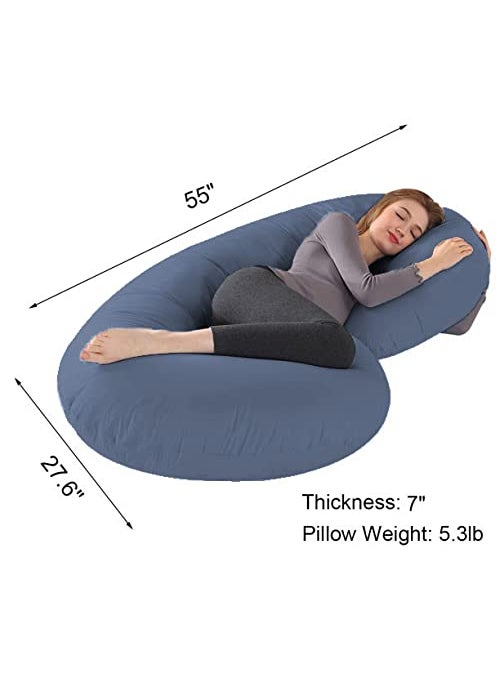 Jaipur Linen Full Body C Shaped PillowBody PillowLumbar Pillow with Zippered Cover for Pregnant WomenDark Blue