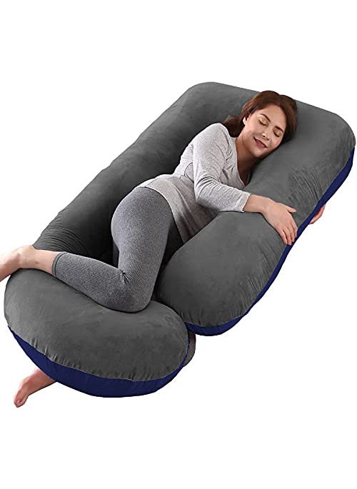 Daddy Cool Body Support JShaped Pregnancy Pillow for Maternity Baby Nursing Pregnant Women Stomach Hip Spine Neck Support Cushion Velvet Outer Reversible Cover with Zip Grey Dark Blue