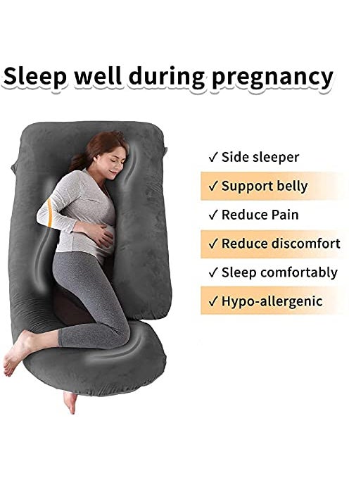Daddy Cool Body Support JShaped Pregnancy Pillow for Maternity Baby Nursing Pregnant Women Stomach Hip Spine Neck Support Cushion Velvet Outer Reversible Cover with Zip Grey Dark Blue