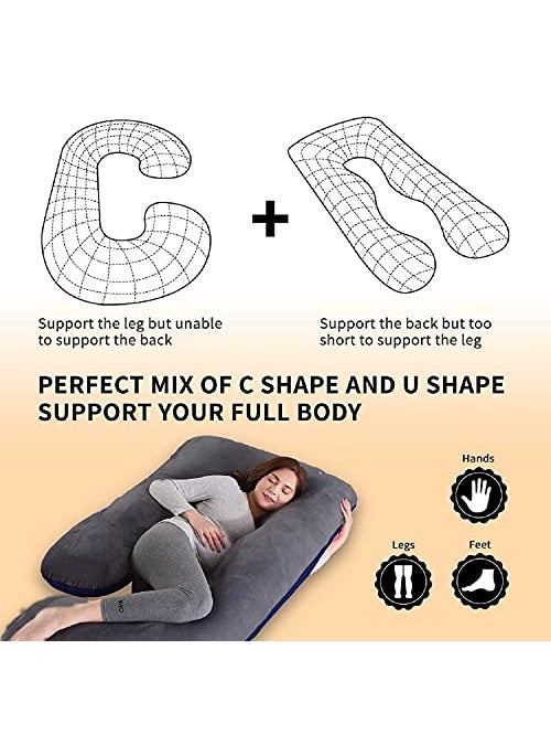 Daddy Cool Body Support JShaped Pregnancy Pillow for Maternity Baby Nursing Pregnant Women Stomach Hip Spine Neck Support Cushion Velvet Outer Reversible Cover with Zip Grey Dark Blue