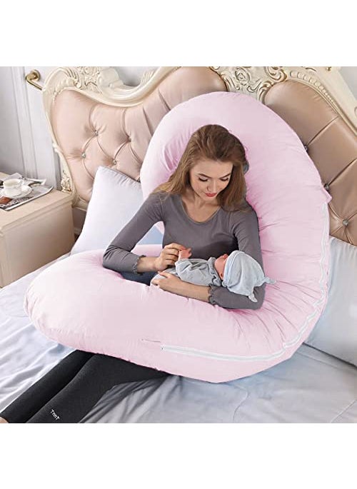 Linenovation Full Body Pregnancy Pillow Maternity Pillow for Pregnant Women C Shaped Body Pillow with 100 Cotton Pillow CoverPink