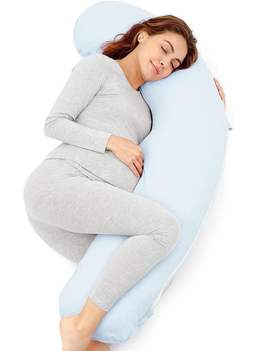 COOZLY J Shaped Pregnancy Pillow Maternity Pillow with 100 Cotton Removable Covers Light Blue
