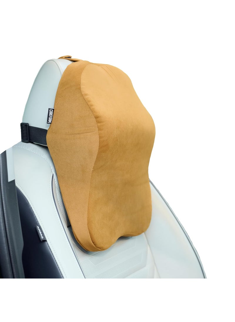 CareFoam Ultimate Memory Foam Car Neck Rest Pillow Ultrasoft Car Pillow for Comfortable Car Rides Superior Neck Support Cushion Relieves Neck Pain Tan Velvet Cover 14 x11 x5 Inch Pack of 1