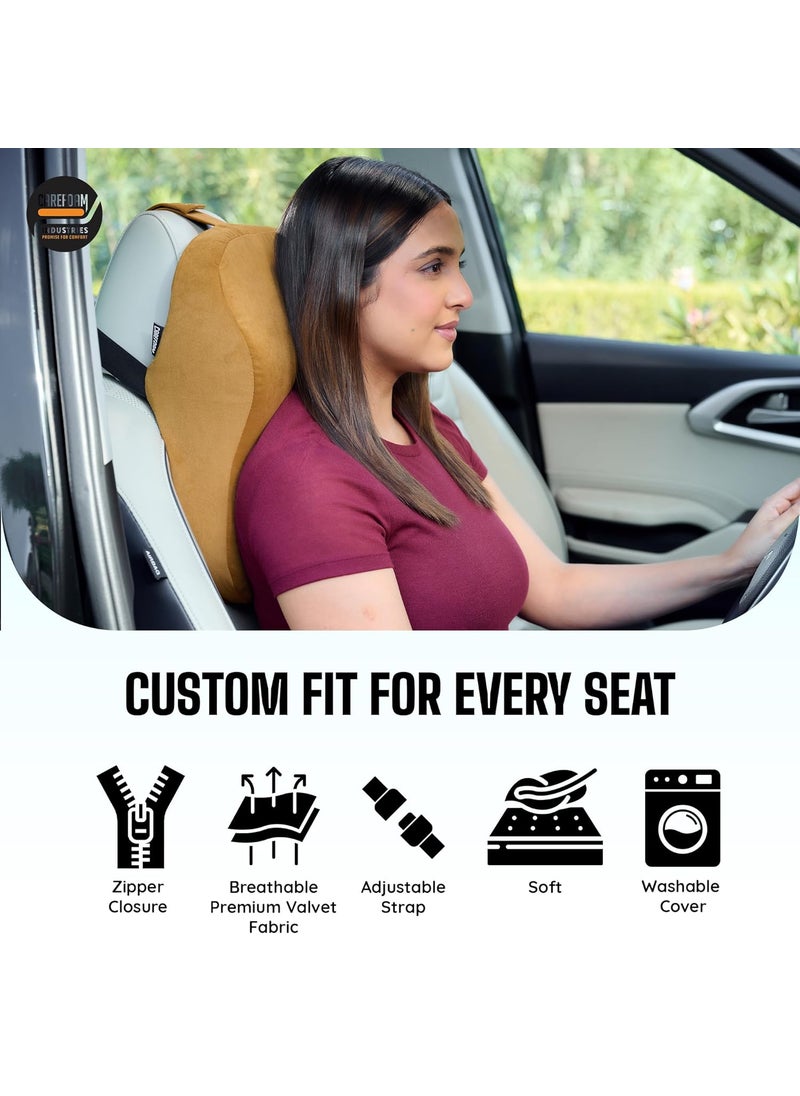CareFoam Ultimate Memory Foam Car Neck Rest Pillow Ultrasoft Car Pillow for Comfortable Car Rides Superior Neck Support Cushion Relieves Neck Pain Tan Velvet Cover 14 x11 x5 Inch Pack of 1