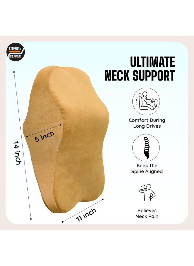 CareFoam Ultimate Memory Foam Car Neck Rest Pillow Ultrasoft Car Pillow for Comfortable Car Rides Superior Neck Support Cushion Relieves Neck Pain Tan Velvet Cover 14 x11 x5 Inch Pack of 1