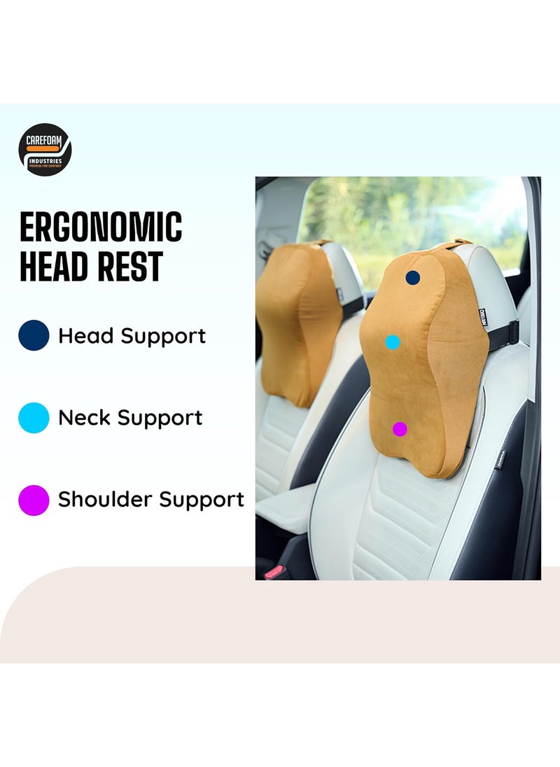 CareFoam Ultimate Memory Foam Car Neck Rest Pillow Ultrasoft Car Pillow for Comfortable Car Rides Superior Neck Support Cushion Relieves Neck Pain Tan Velvet Cover 14 x11 x5 Inch Pack of 1