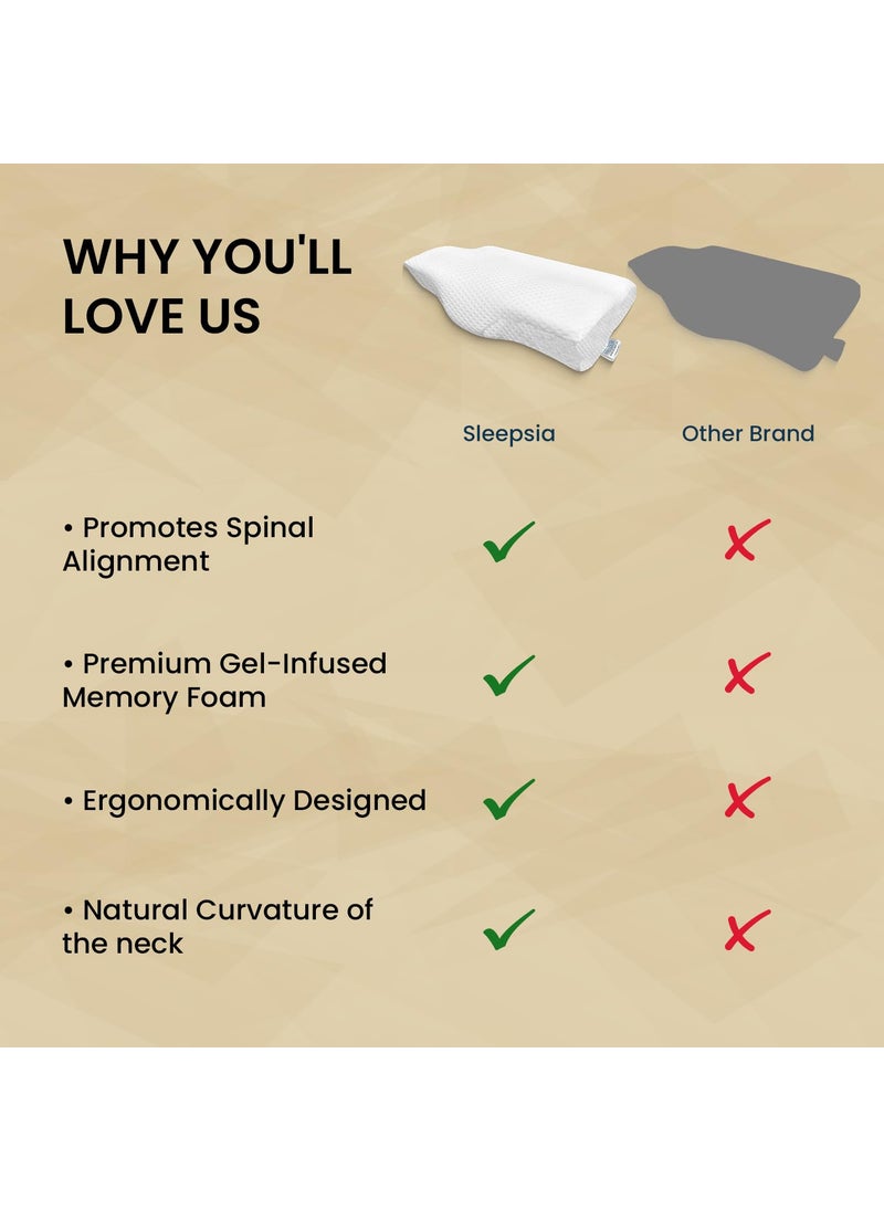 Sleepsia Memory Foam Pillow 1 Year Warranty Cervical Pillow for Neck Pain Pillow for Neck Pain Orthopedic Pillow with Extra Curve Neck Support for Sleeping Side Back Sleepers White