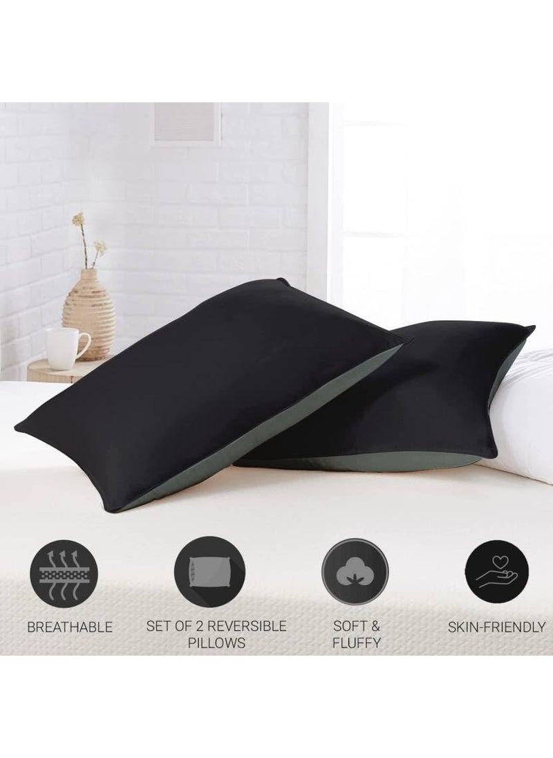 Jaipur Linen Microfiber Pillow Set of 2 for Sleeping 17 Inch X 27 Inch Grey Black