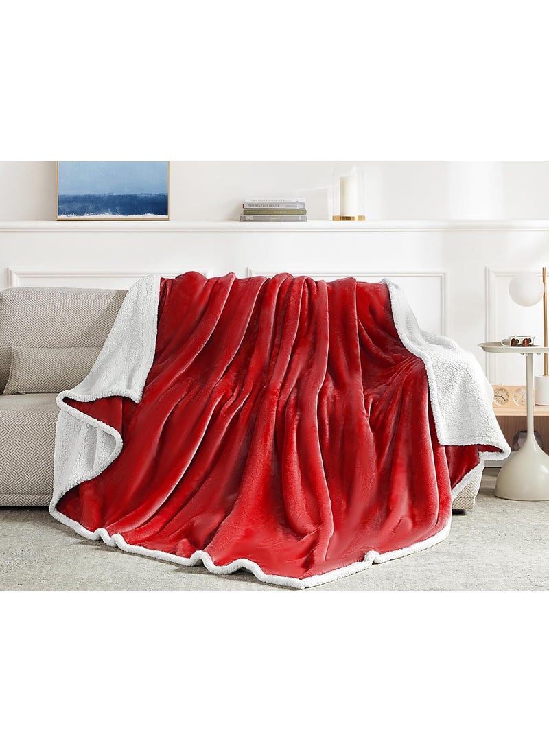 Brownmonkey Plush Sherpa Fleece Throw Blanket for Couch Sofa with Velvet Goli Red 50x60