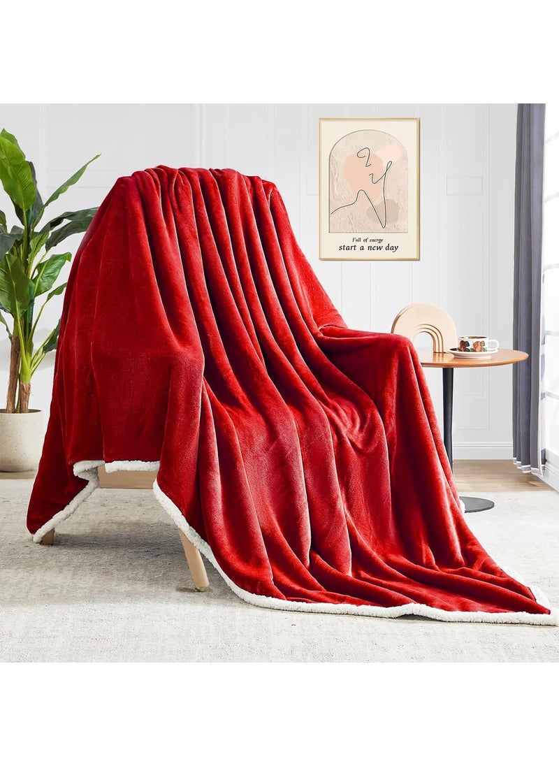 Brownmonkey Plush Sherpa Fleece Throw Blanket for Couch Sofa with Velvet Goli Red 50x60