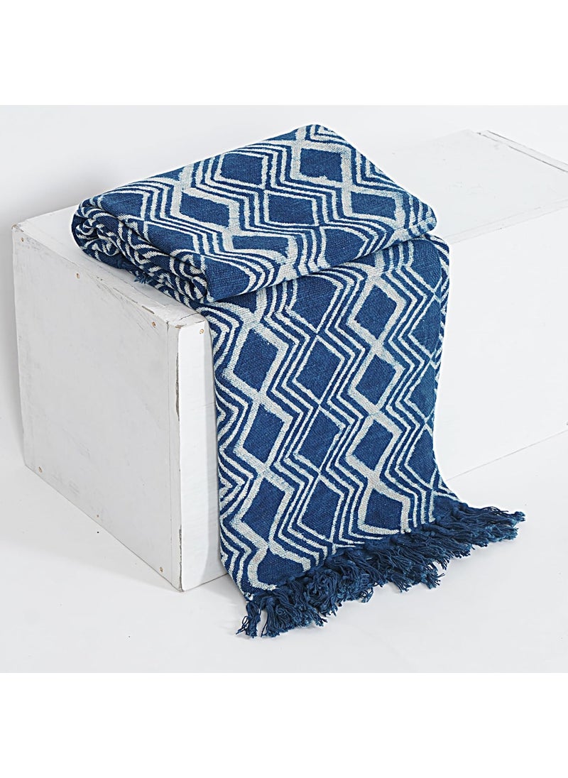DecorAvenue Hand Block Printed Boho Throw Blanket 100 Cotton Throw for Sofa Couch Cover Living Room Bedroom with Tassels Indigo Blue Design 1 50 x 70 Inches 120 x 170 cm
