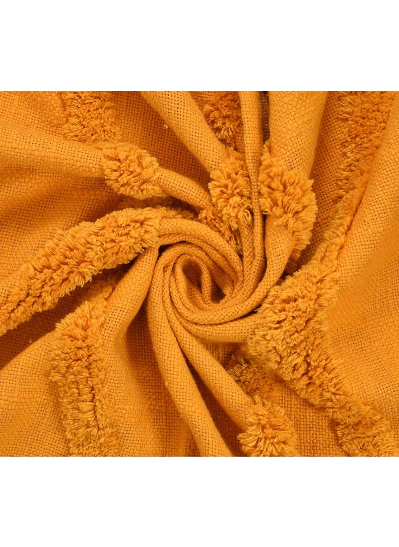 SAMAIR Pure Cotton Sofa Throw with Tassels Mustard Yellow Lehar Pattern 50 x 60 Inches Throw Blanket for Sofa Bed Chair Travel Pack of 1