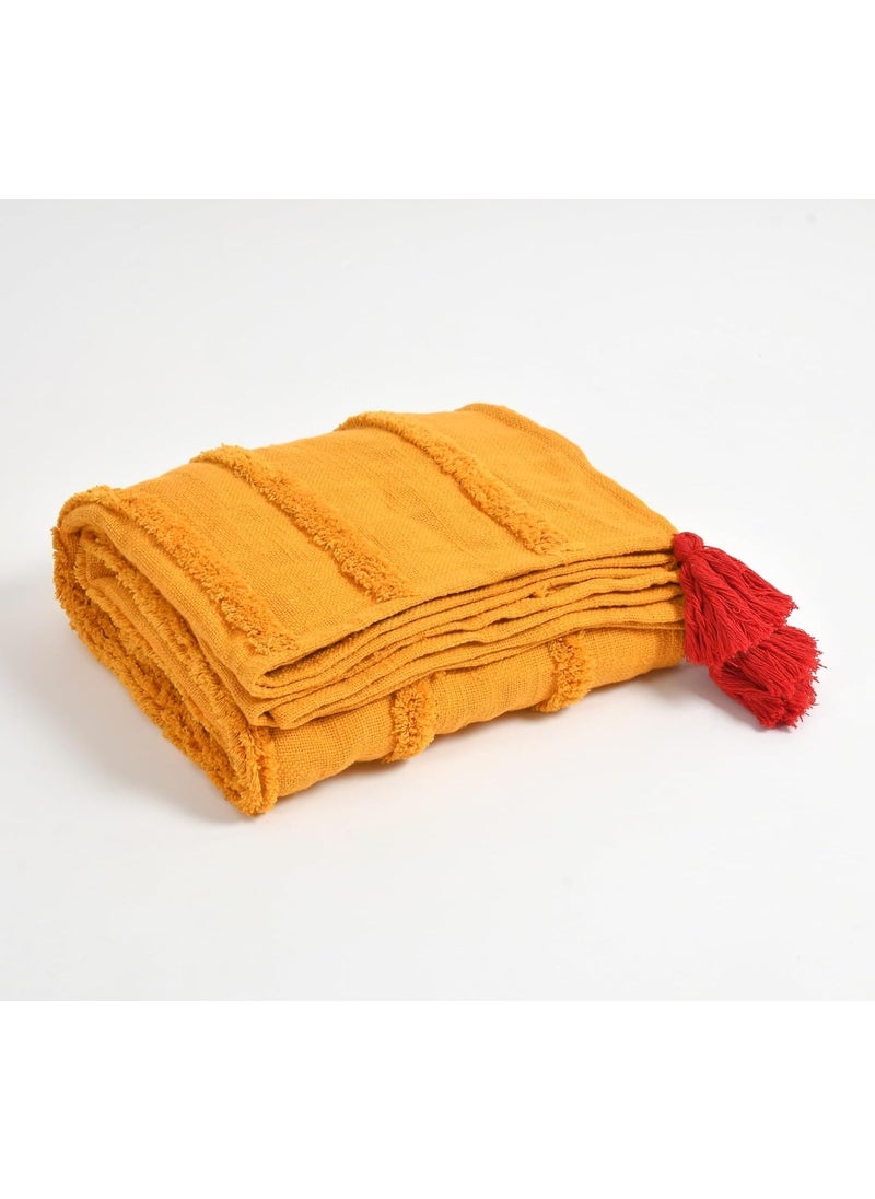 SAMAIR Pure Cotton Sofa Throw with Tassels Mustard Yellow Lehar Pattern 50 x 60 Inches Throw Blanket for Sofa Bed Chair Travel Pack of 1