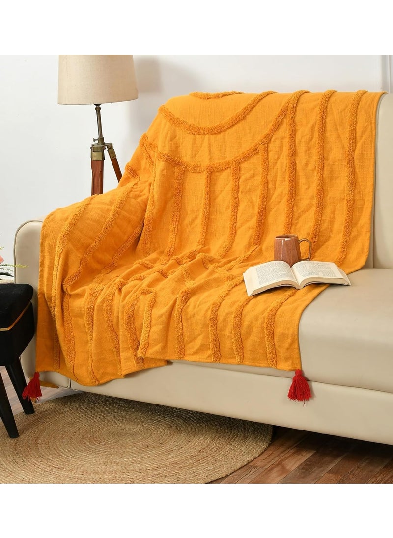 SAMAIR Pure Cotton Sofa Throw with Tassels Mustard Yellow Lehar Pattern 50 x 60 Inches Throw Blanket for Sofa Bed Chair Travel Pack of 1