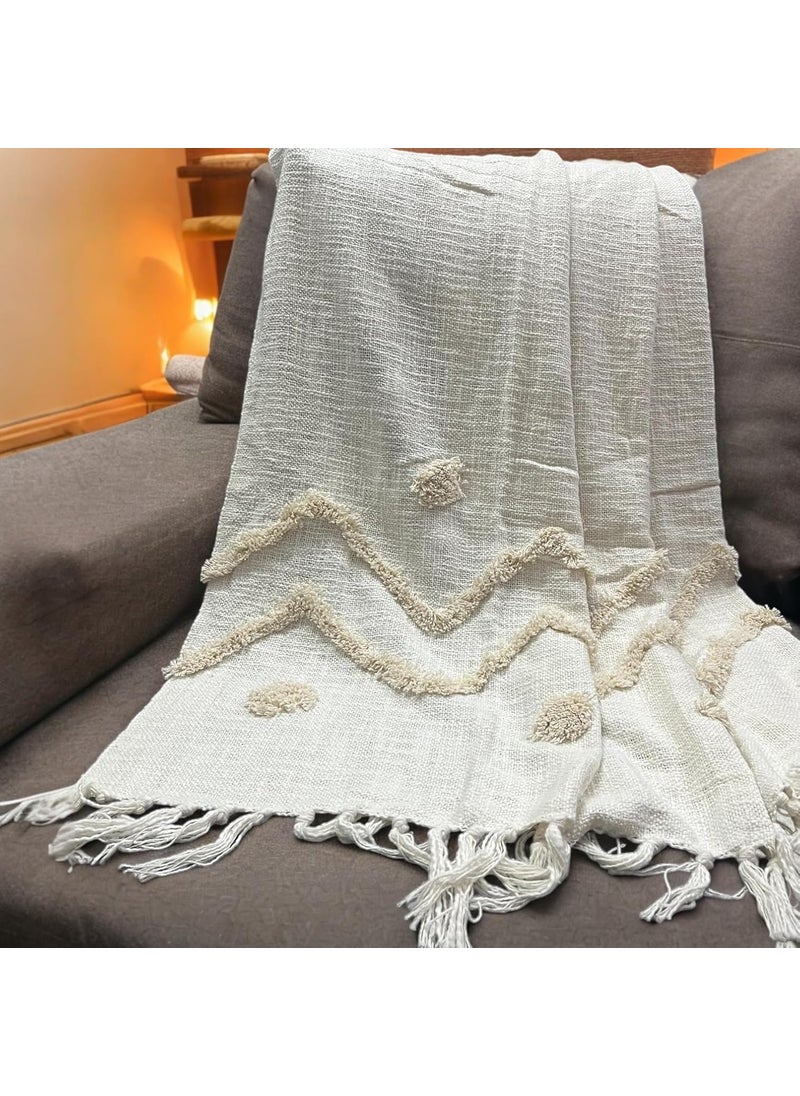 Cotton Goodness Handmade Pure Cotton Sofa Throw Blanket Soft Decorative Throw for Living Room Sofa Chair and Couch Reversible and Breathable Throw Snow Tufted Size 130 x 160 cm