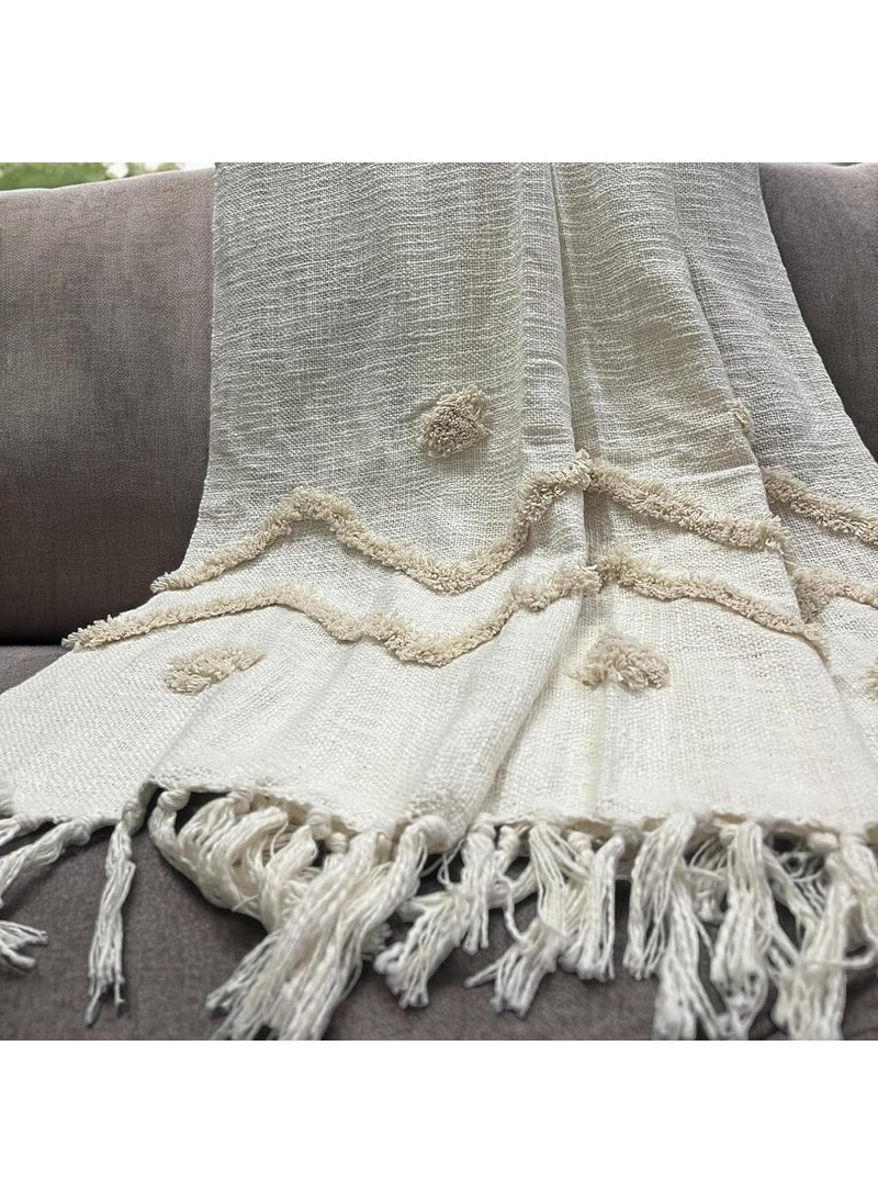 Cotton Goodness Handmade Pure Cotton Sofa Throw Blanket Soft Decorative Throw for Living Room Sofa Chair and Couch Reversible and Breathable Throw Snow Tufted Size 130 x 160 cm
