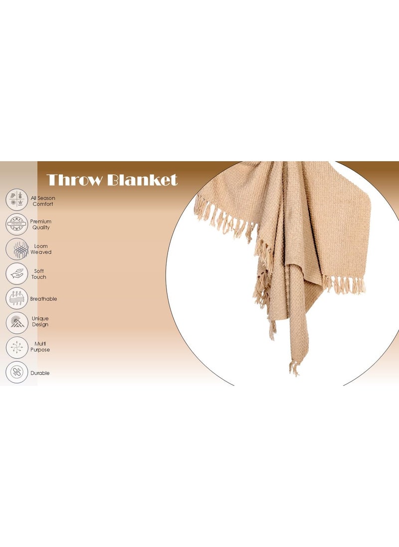 The Furnishers Reversible Premium Beige Basket Acrylic Throw Blanket 50x60 Inch Woven Throw for Living Room Bedroom Sofa Couch Bed Chair Size 150x125 CM