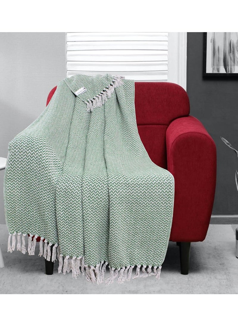 The Furnishers Chevron 78x60 Inch Reversible Cotton Throw Blanket with Tassels Blanket for Living Room Sofa Bed Chair Picnic Used for Gift Green Narrow Chevron Size 200x150 Cm