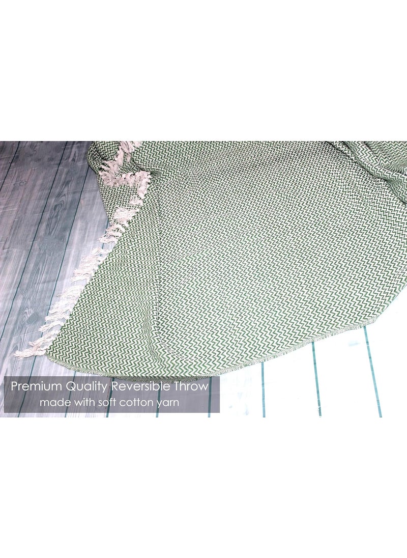 The Furnishers Chevron 78x60 Inch Reversible Cotton Throw Blanket with Tassels Blanket for Living Room Sofa Bed Chair Picnic Used for Gift Green Narrow Chevron Size 200x150 Cm