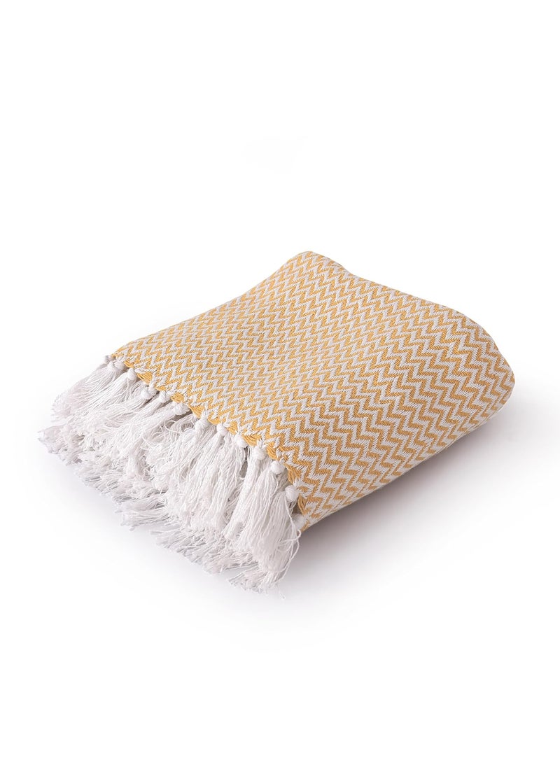 SASHAA WORLD Chevron Delight Yellow Ivory Versatile Cotton Throw Blanket Ideal for Living Room Sofa Bed and Chair 180X130 Cm