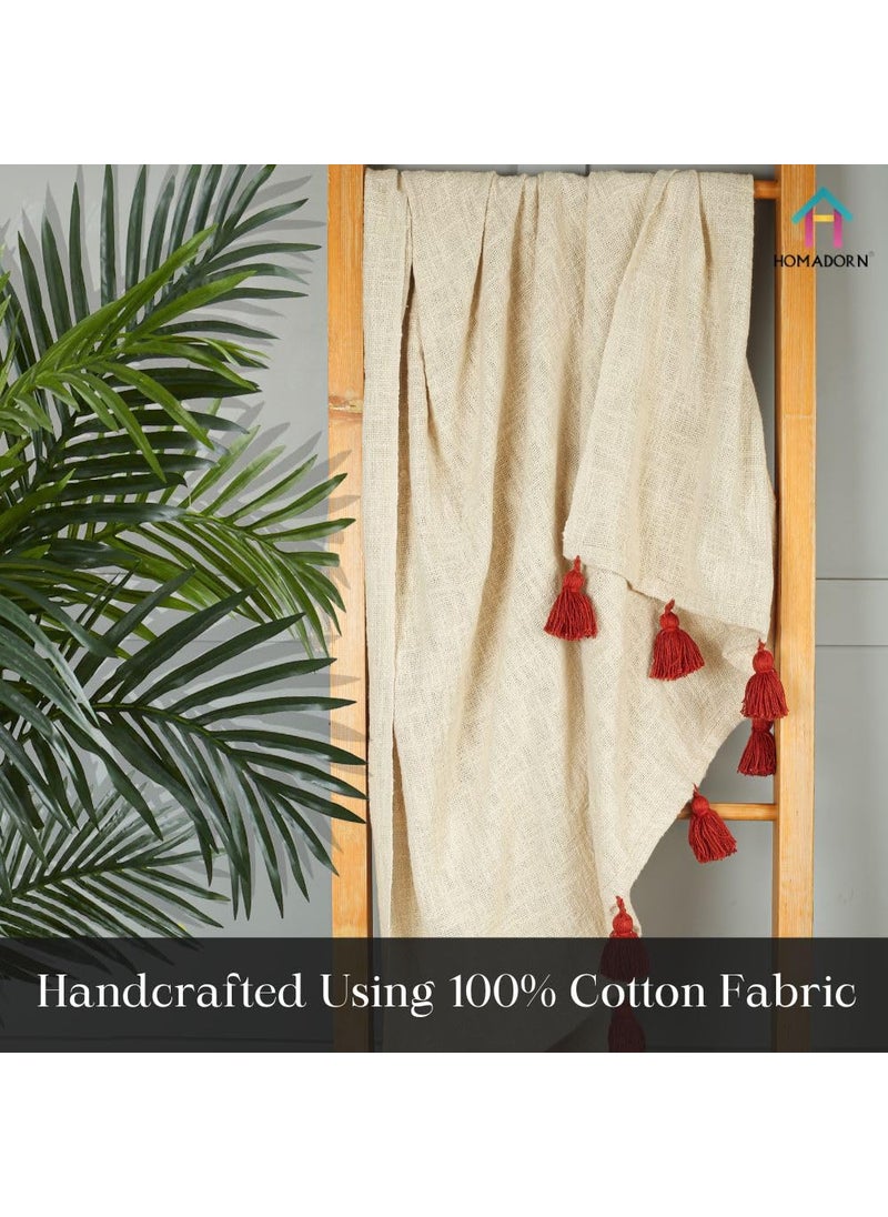 HOMADORN 100 Cotton Off White Throw Blanket with Handmade Colorful Tassel for Sofa Bed Couch 50 x 60 iches Rust