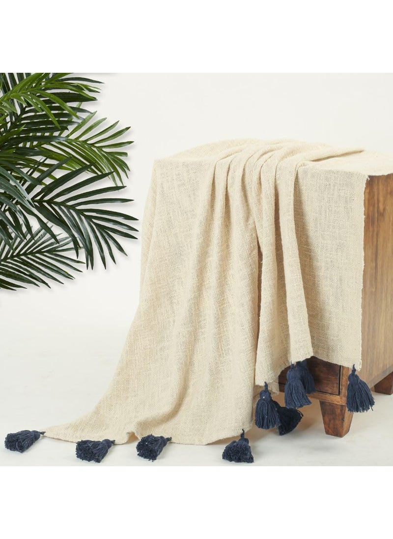HOMADORN 100 Cotton Off White Throw Blanket with Handmade Colorful Tassel for Sofa Bed Couch 50 x 60 iches Navy Blue
