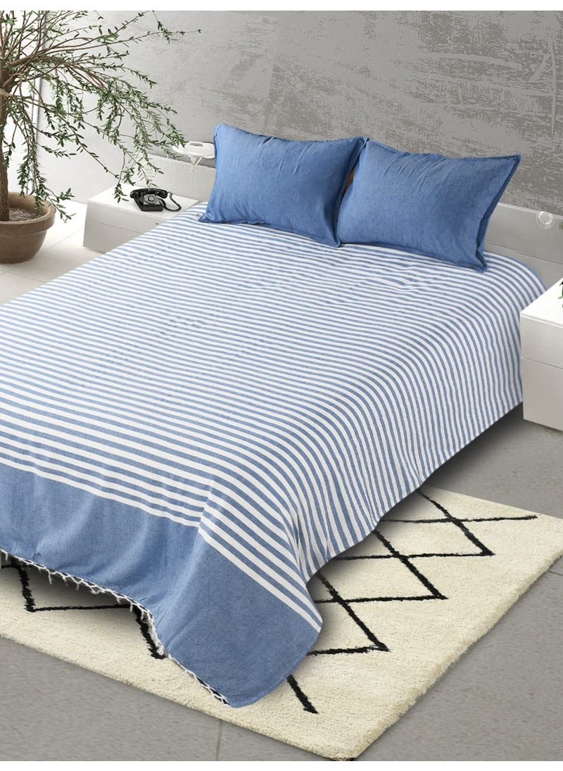 SARAL HOME EASY LIVING Cotton Striped King Size Bedsheet With 2 Pillow Covers Blue100X108150 Tc