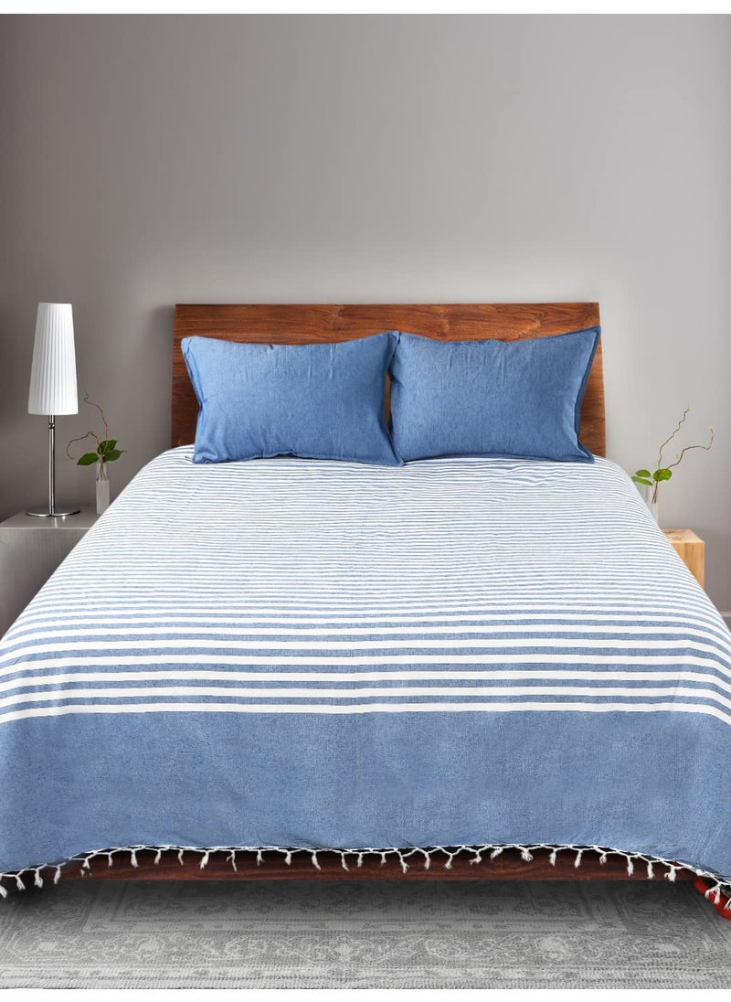 SARAL HOME EASY LIVING Cotton Striped King Size Bedsheet With 2 Pillow Covers Blue100X108150 Tc