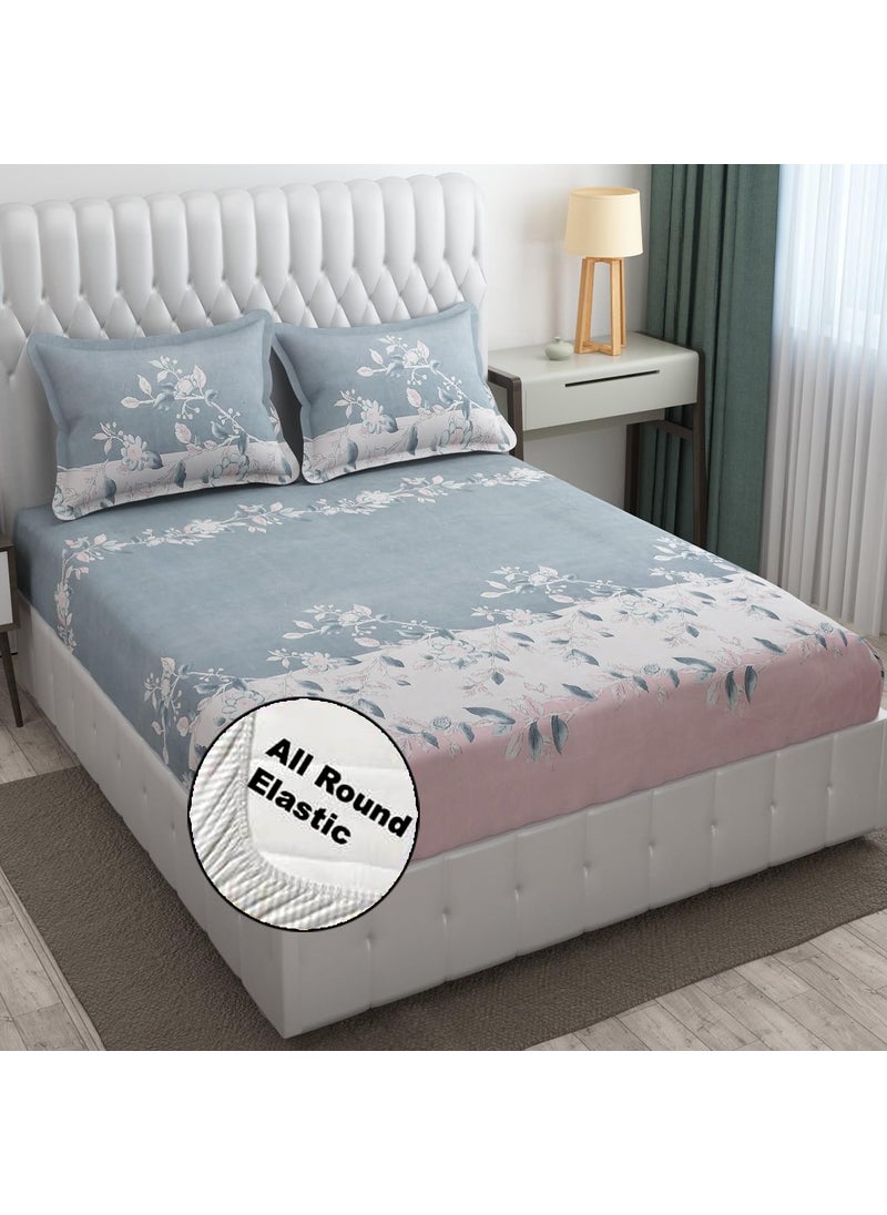 FRESH FROM LOOM King Size Floral Print Microfiber Fitted Bedsheet Set 240 TC Anti Fade Includes 2 Pillow Cover Size 78 x 72 Inches Fits up to 10 Inch Grey Walnut