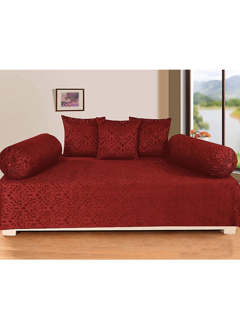 STARNSTYLE Premium Velvet Diwan Set Bedsheet 2pc Bolster Cover with Dori and 3pc Cushion Covers Large Set of 6 Pieces Maroon