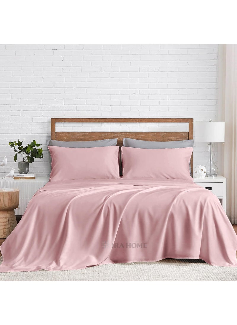 IRA HOME 100 Bamboo Organic 4Pieces King Size Bed Sheet Set Viscose Luxuriously Soft Cooling Double Stitching Pack of 4 1 Flat Sheet 1 Fitted Sheet 2 Pillowcases Rose Pink