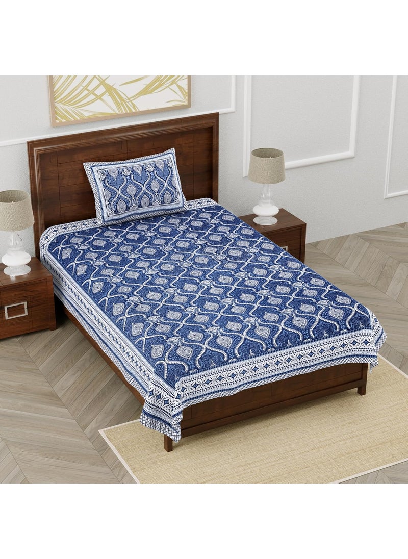 Urban Jaipur Pure Cotton Single Bedsheet for Single Bed 100 Cotton 240 TC Single Bedsheet with One Pillow Cover Rajasthani Jaipuri Print Jaal Print 60x90 Inches Blue