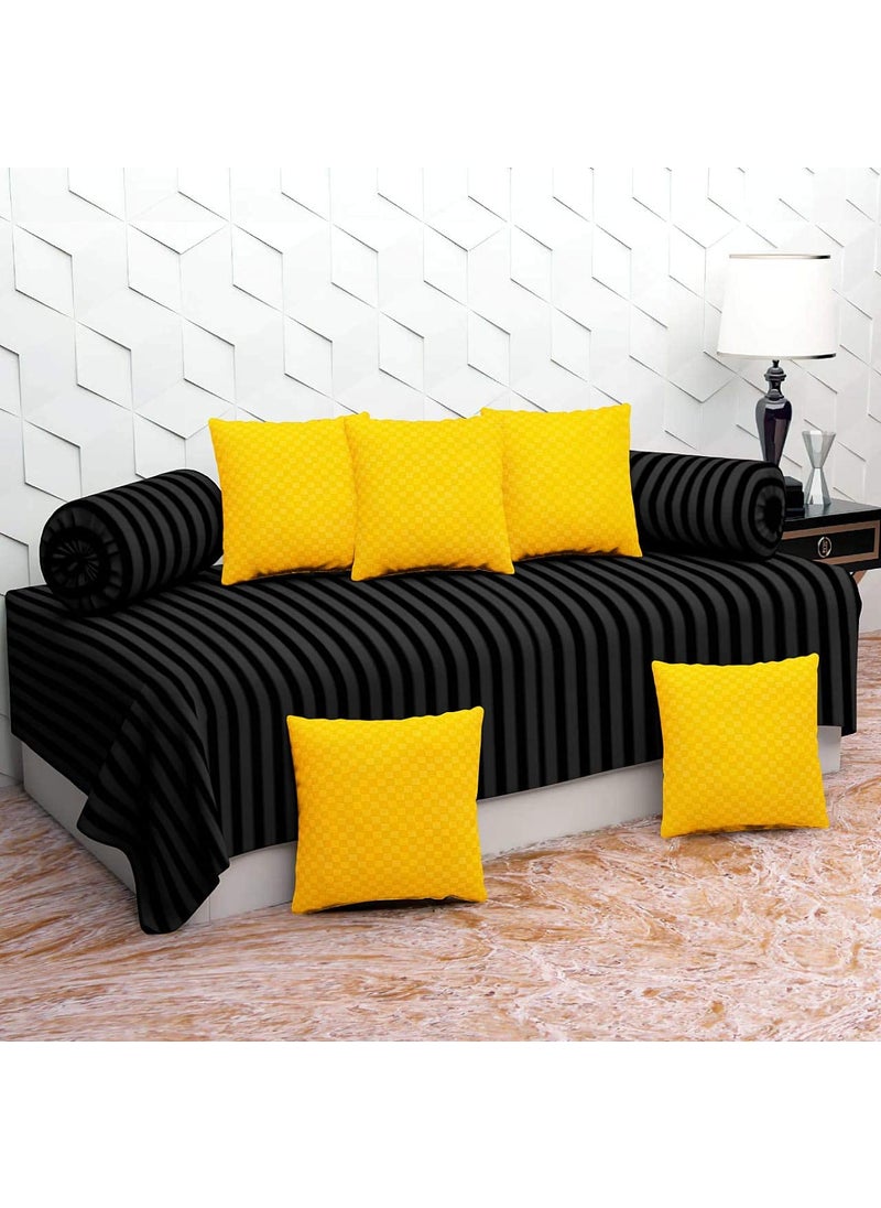 YUKU Printed Microfibre DIWAN Set 8 Pcs 1 Single Bedsheet with 5 Cushion Covers 2 Bolster Covers Black Yellow