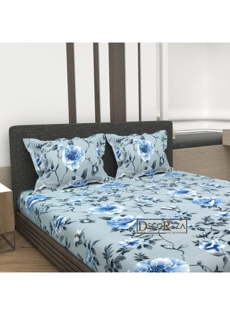 DECOREZA 28 TC Cotton Feel All Around Elastic Fitted Queen Size Double Bed Bedsheet with 2 Large Pillow Covers Fits Upto Mattress of 8 InchesSize 60 x 78 x 8 Inches Grey Floral